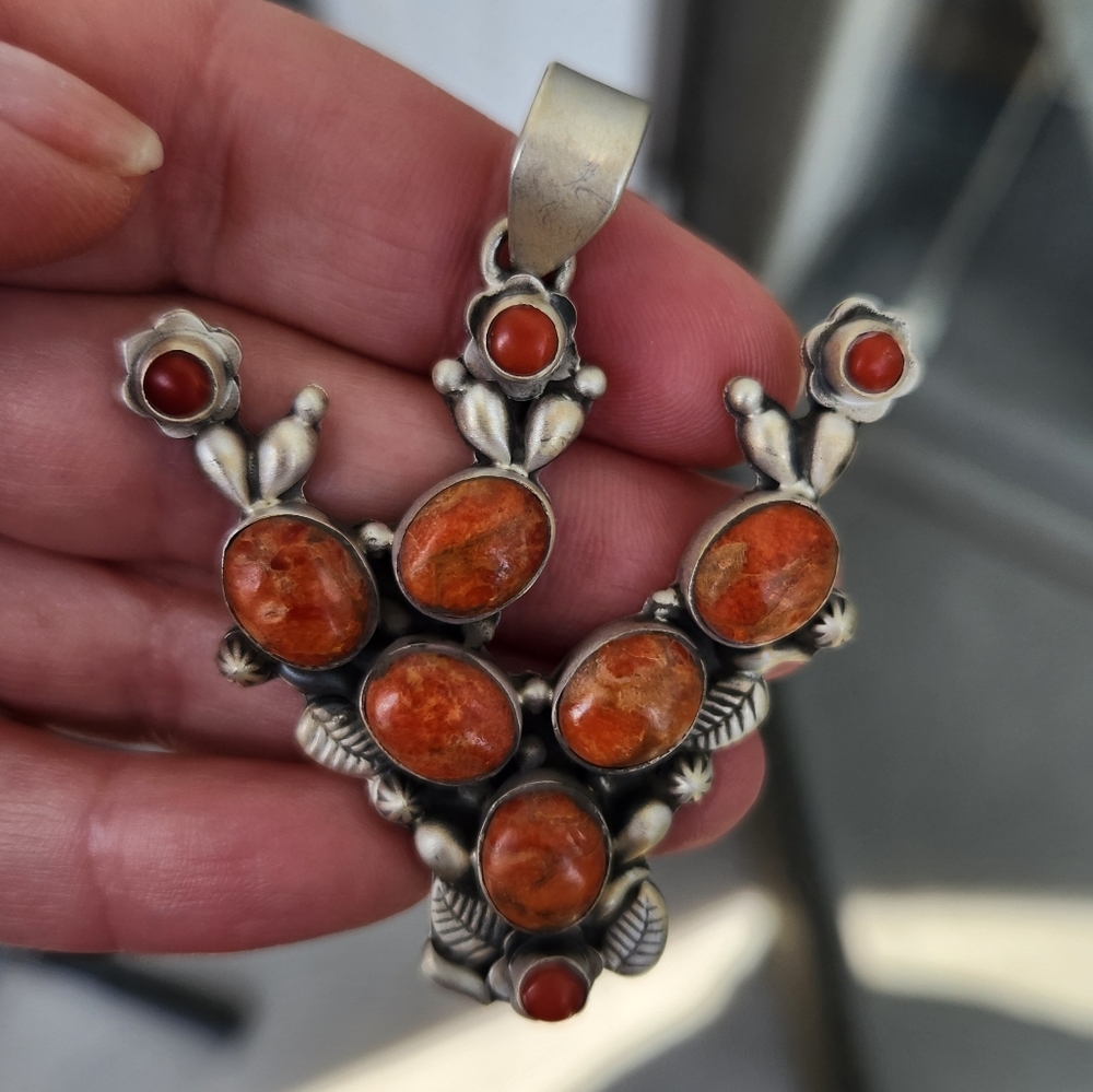Sterling Silver Orange Coral Floral Cactus Pendant